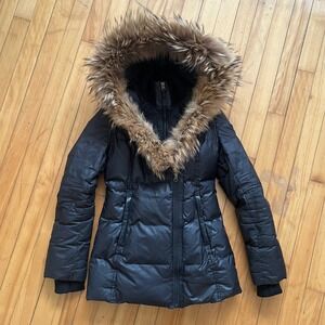 Mackage Black Down Puffer Coat Fur Hood Hooded Zipper Winter Warm Size XS